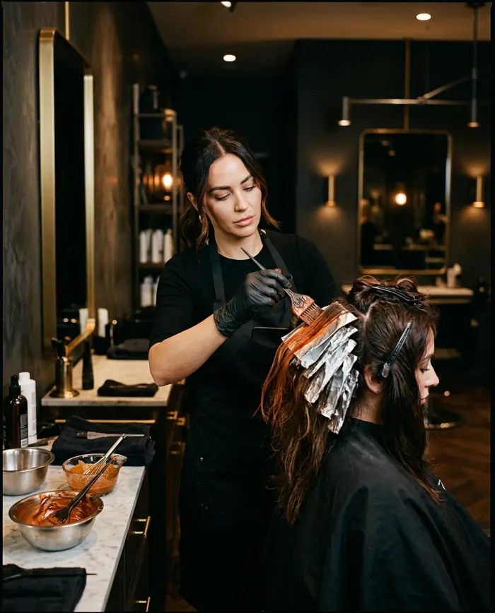 Stylist applying balayage hair colour at KIYU