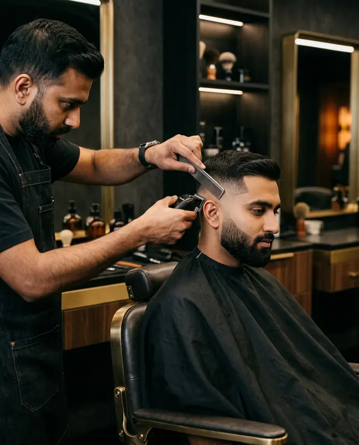 Men's fade haircut and beard trim at KIYU Unisex Salon